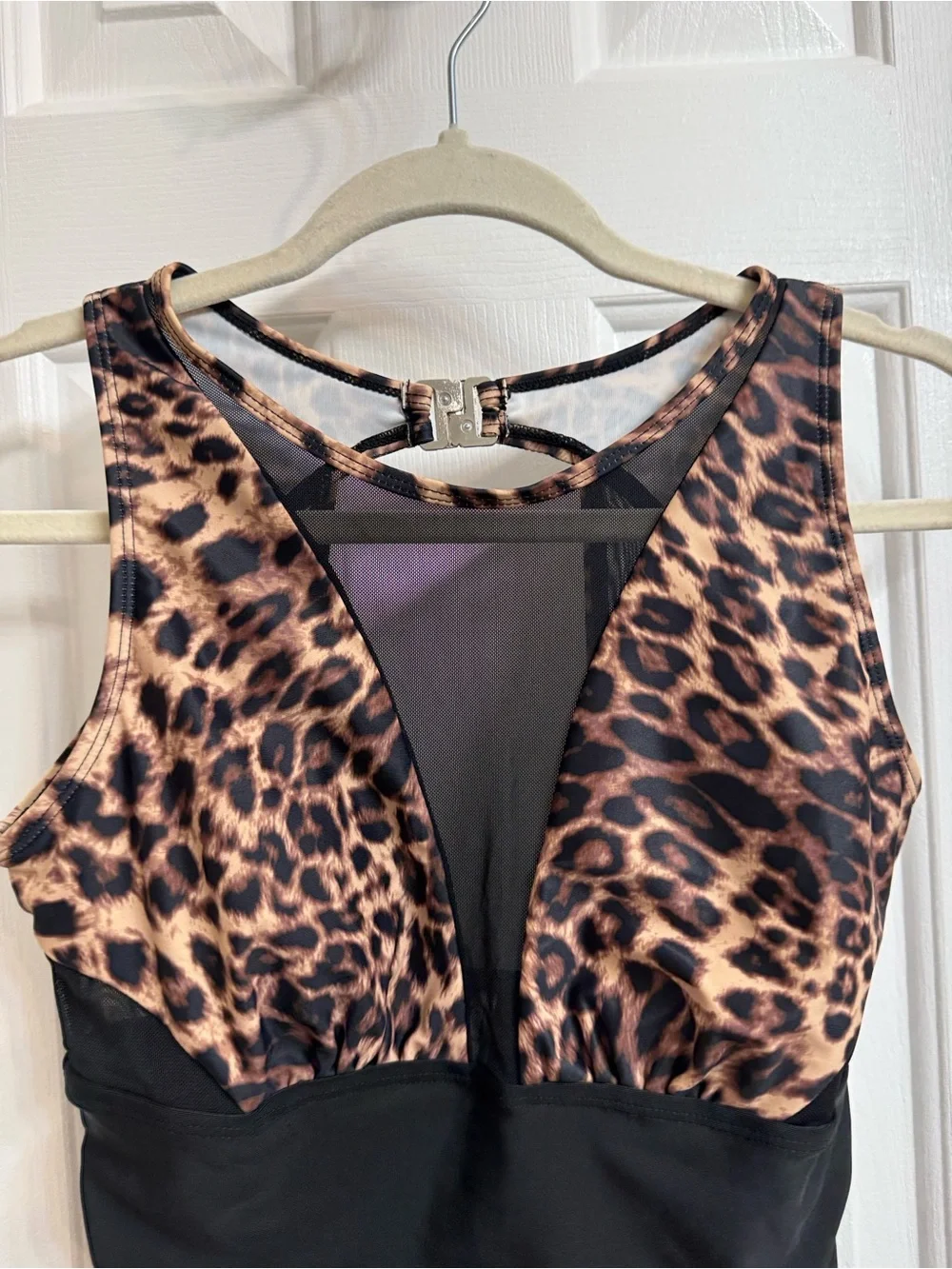 Leopard & Black Women’s One-Piece Swimsuit with Ruching, NEW